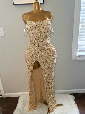 Strapless Gold Sequin Ruched Split Evening Dress